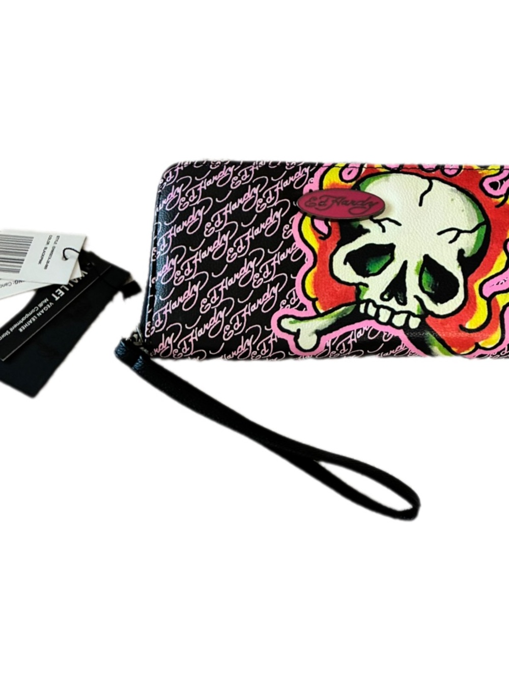 Ed Hardy NWT Black Wristlet/Zip around WalletCase with Multicolor  Skull Art
